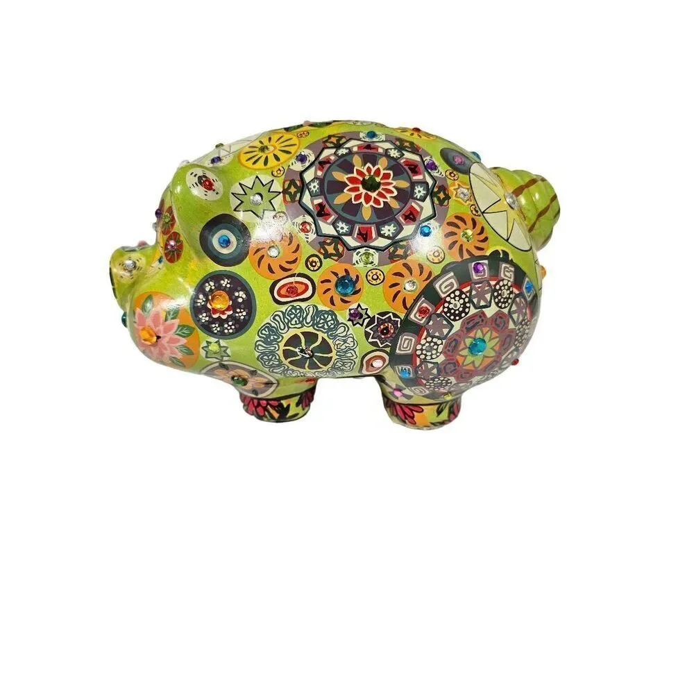 Mexican Pottery Hand Painted Multicolor Ceramic Bedazzled Jeweled Piggy Vintage